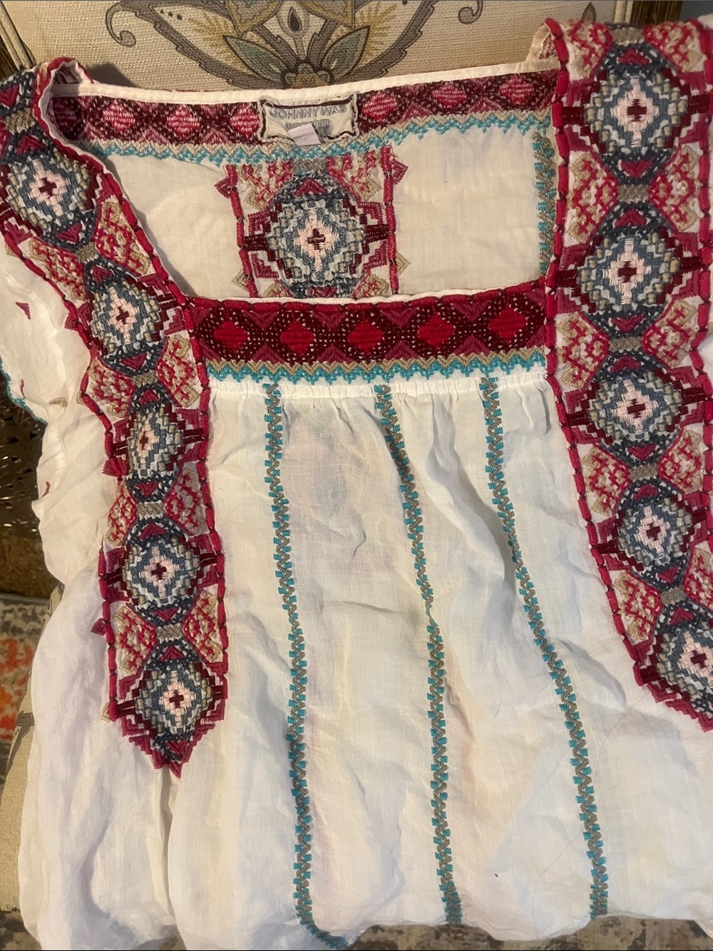 Johnny was top White Embroidered Red & Blue Accents